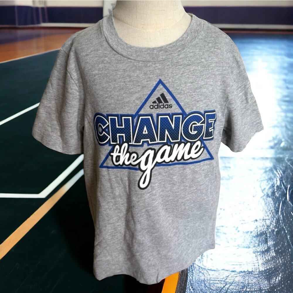 Adidas Boys Tee Size 4 Gray Blue White Black‎ Change the Game Short Sleeve Shirt